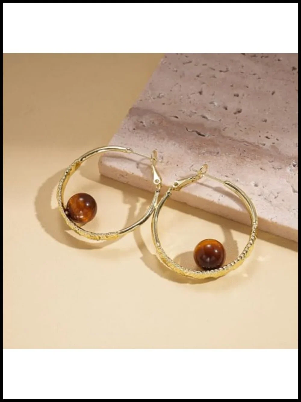 Vintage Brown Resin Gold Round Hoop Pearl Earrings Dangle Huggie Y2K Statement